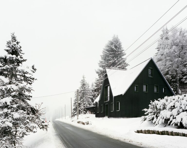 Ein verschneites dunkelgrünes Haus im Nebel